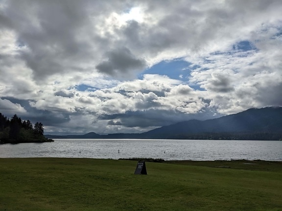 lakeside, shore, grass, sign, cloudy, water, landscape, lake, nature, cloud