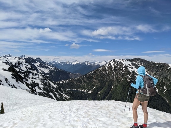 млада жена, планинско катерене, екстремни, скиор, снежна, панорама, раница, зимни, планински връх, Каране на ски
