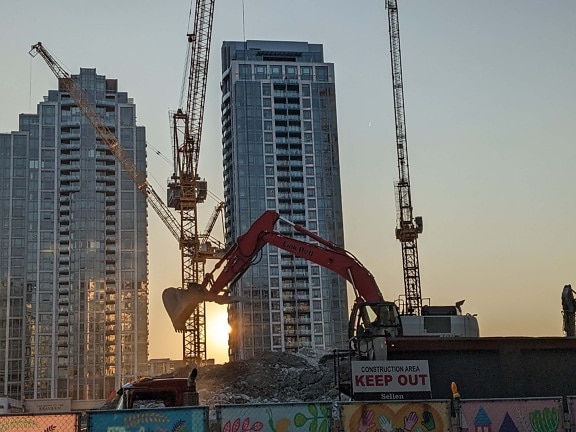 buildings, construction, skyscraper, bulldozer, excavation, building, industry, business, crane, architecture