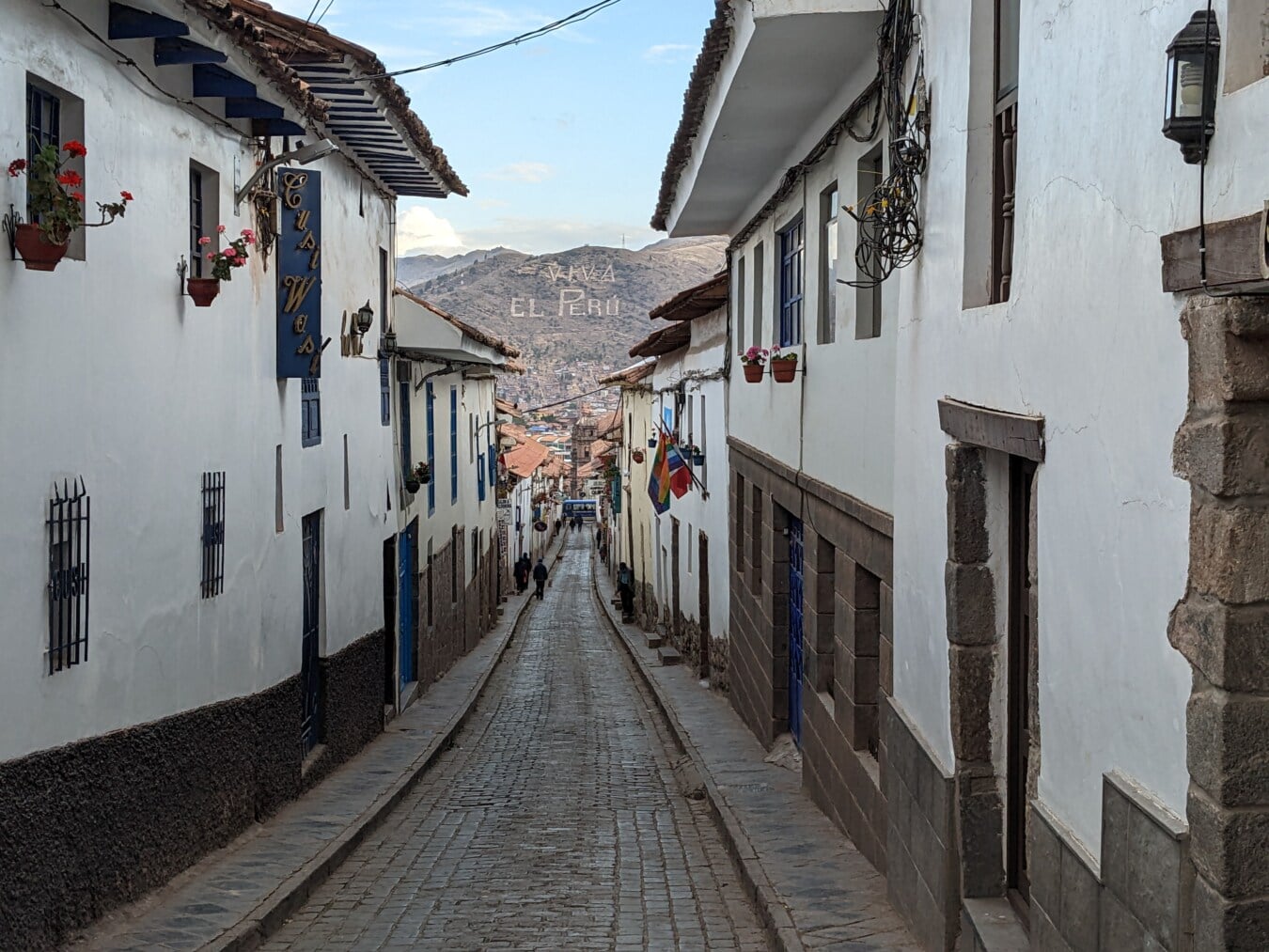 Störtlopp, gata, smala, Peru, arkitektonisk stil, traditionella, trottoar, väg, kullersten, hus