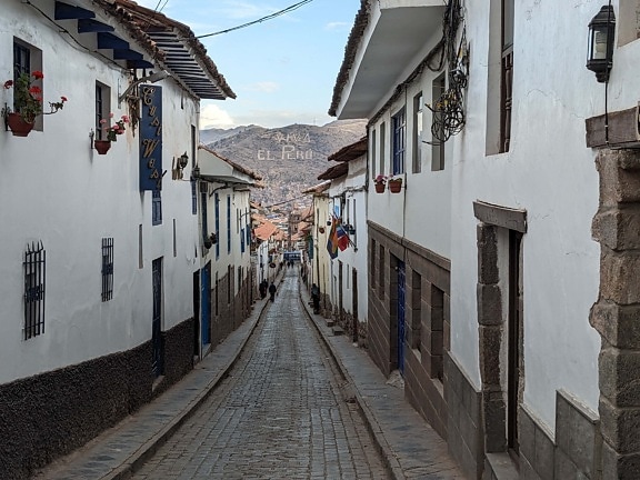 下坡, 街道, 狭窄, 秘鲁, 建筑风格, 传统, 路面, 路, 鹅卵石, 房子