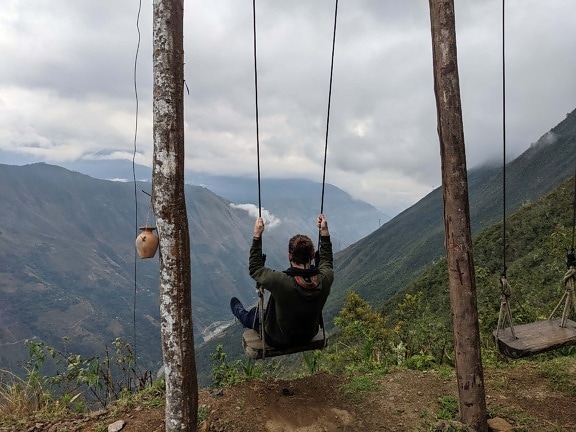 man, young, swing, valley, edge, adventure, one, landscape, mountain, rope