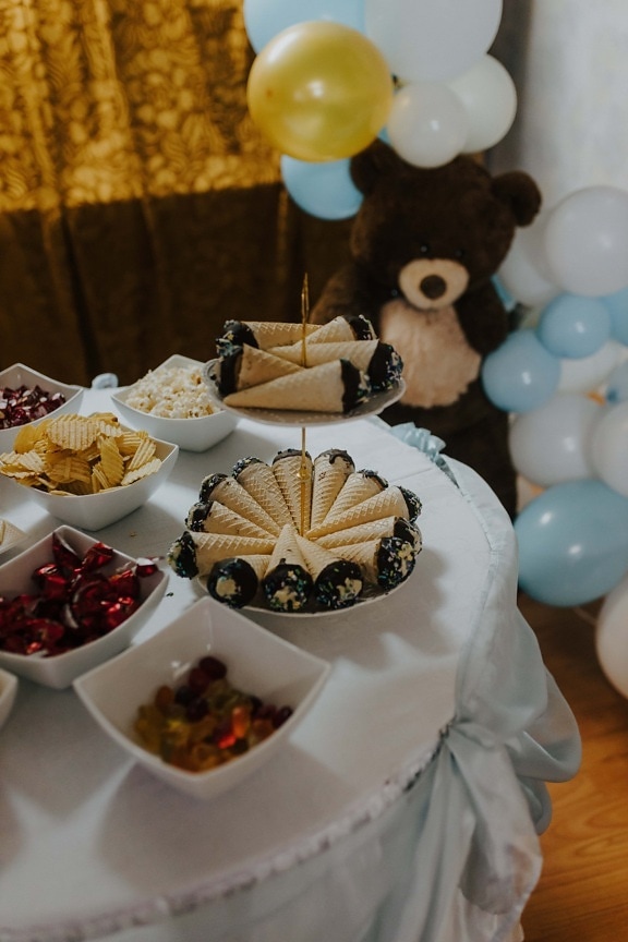 first, birthday, party, decoration, candy, teddy bear toy, food, icecream, celebration, balloon