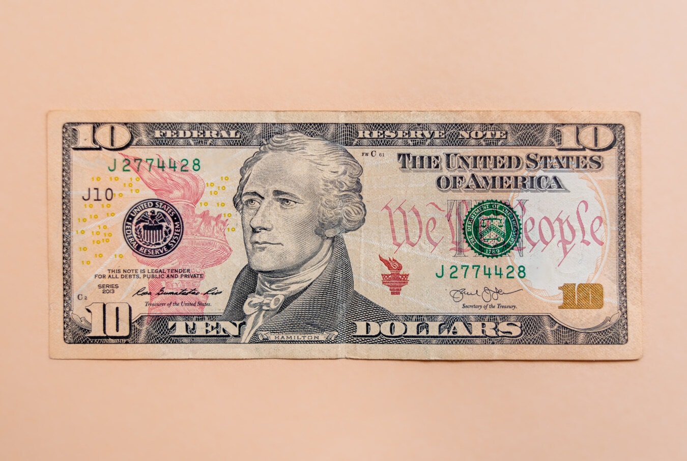 ten-dollar bill $10 bill,  Alexander Hamilton, United States of America, paper, light brown, paper money, currency, money, cash