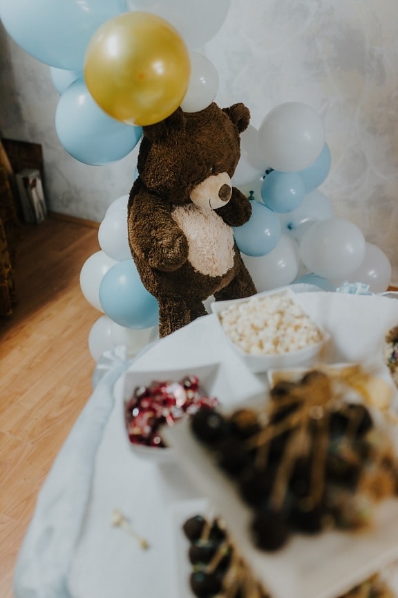 brown, teddy bear toy, birthday, first, party, balloon, decoration, food, celebration, still life