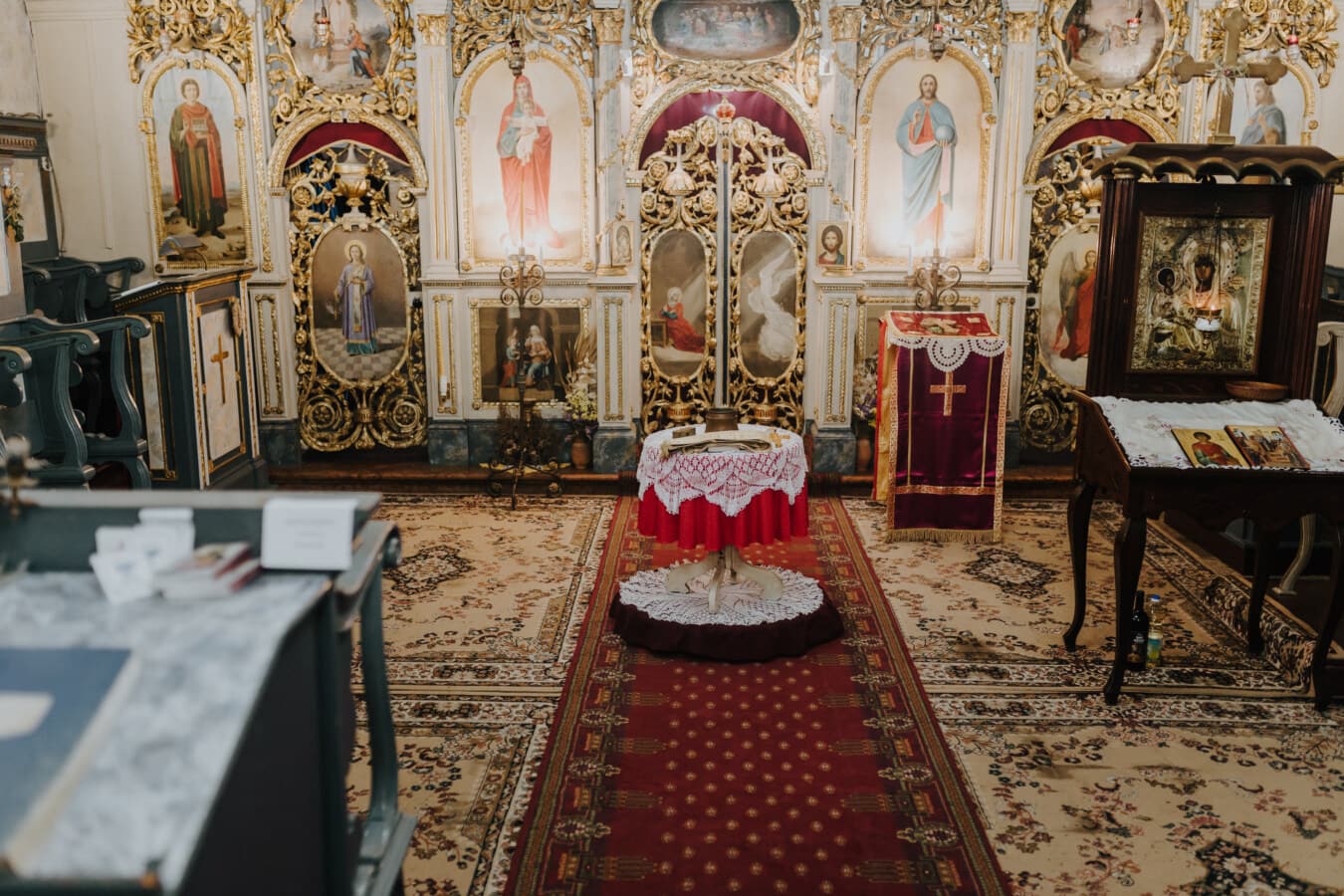 orthodox, monastery, interior, red carpet, furniture, altar, architecture, chair, church, religion