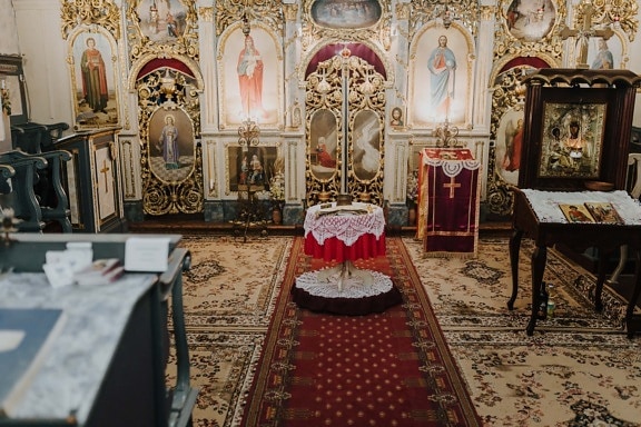 orthodoxe, klooster, interieur, red carpet, meubilair, altaar, het platform, stoel, kerk, religie