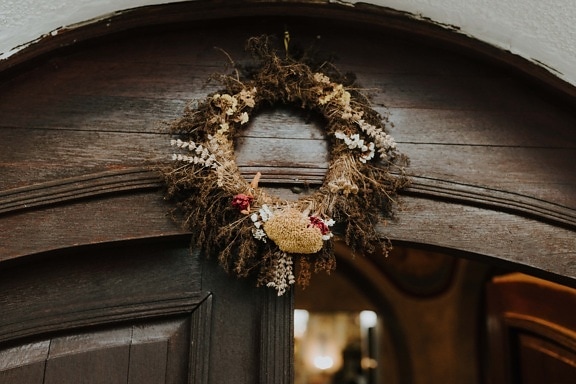 dry flower wreath, front door, decoration, handmade, traditional, hanging, classic, wooden front door