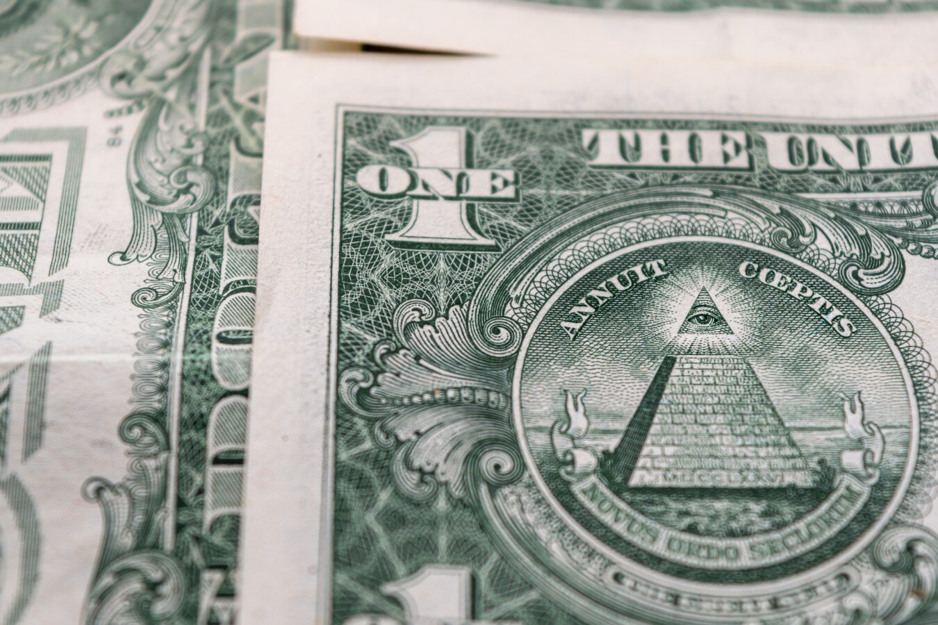 one dollar, pyramid, close-up, currency, money, cash, Annuit Coeptis Novus Ordo Seclorum