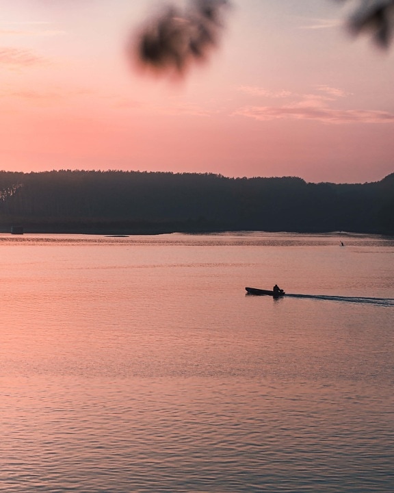 sunrise, pinkish, lakeside, boat, fisherman, landscape, dusk, evening, shore, clouds