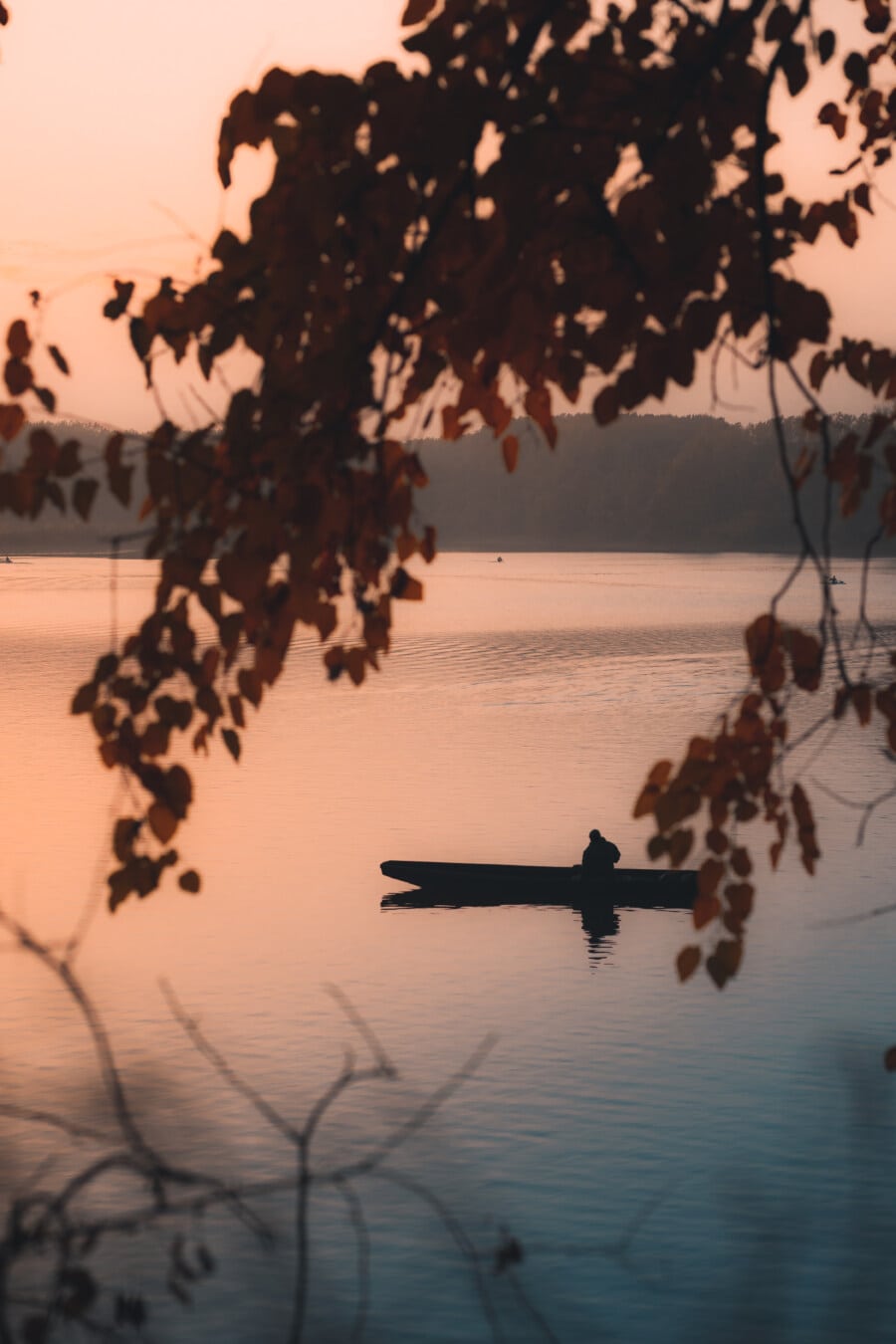 dawn, lakeside, fishing boat, silhouette, water, nature, lake, landscape, evening, dusk