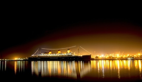 steam engine, Queen Mary ship, night, lights, reflection, water, pier, evening, dark, light