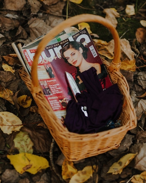 wicker basket, old fashioned, scissors, textil, newspaper, fashion, basket, still life, colorful, autumn