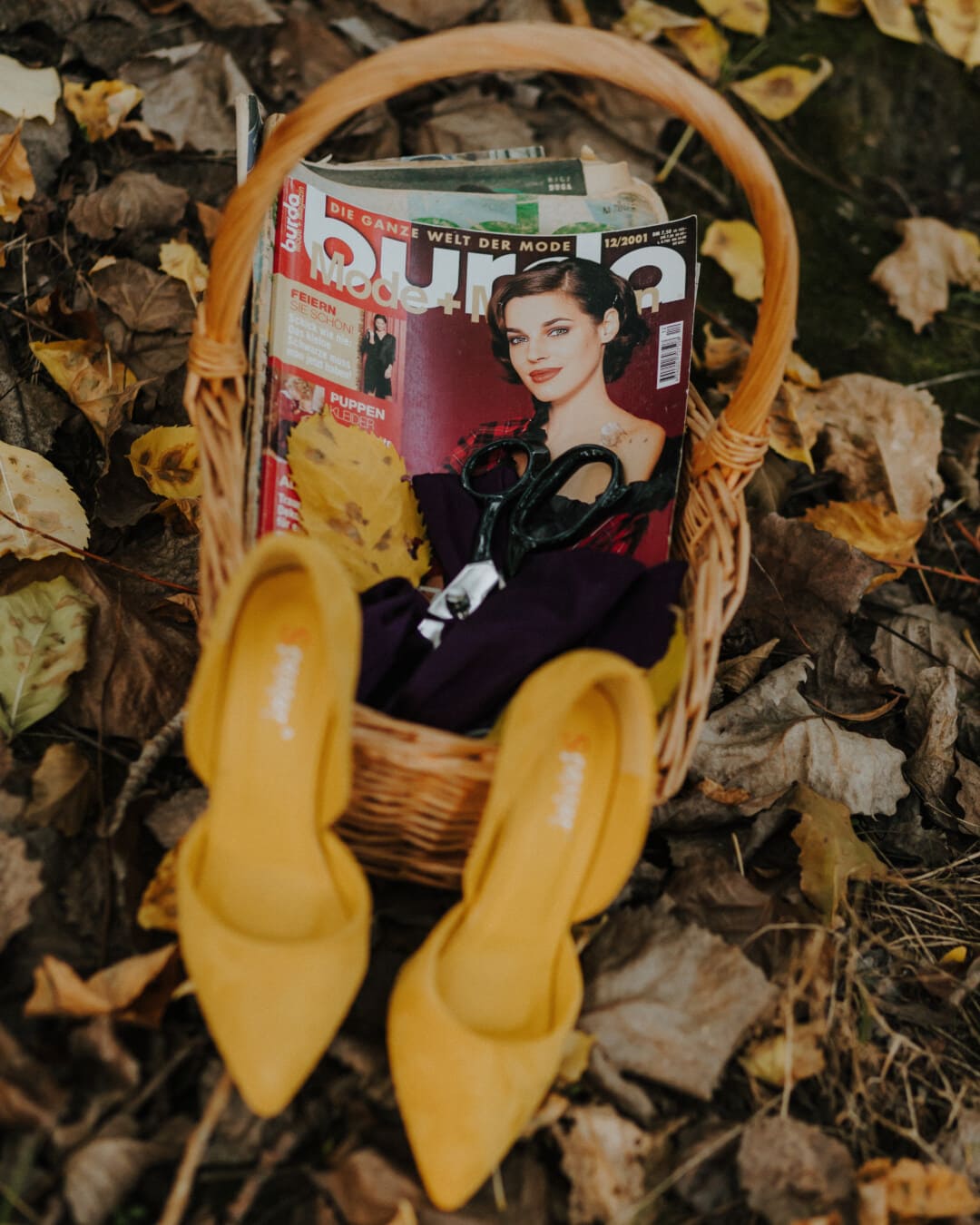 wicker basket, newspaper, heels, scissors, fashion, footwear, nature, color, leaf, vintage
