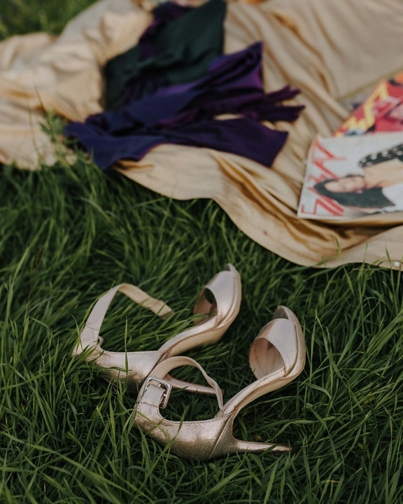 sandal, shining, fancy, footwear, blanket, grass, picnic, shoe, fashion, summer