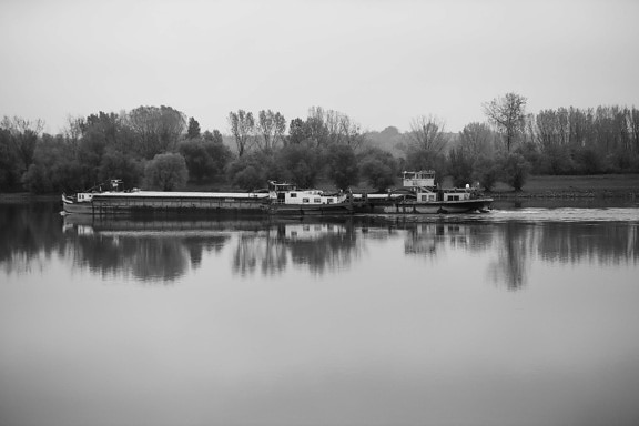 barge, cargo ship, monochrome, black and white, landscape, river, basin, reflection, water, lake