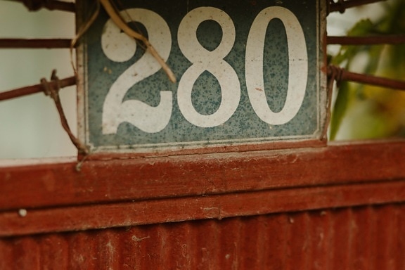 number, gate, old, dark red, close-up, paint, retro, vintage, rust, abandoned