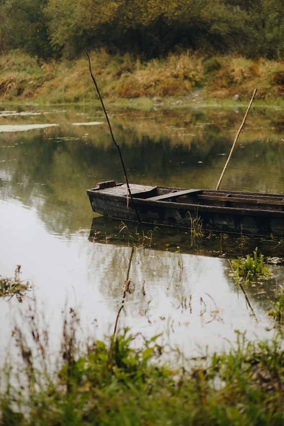 boat, abandoned, wooden, channel, autumn season, lake, river, water, nature, wood