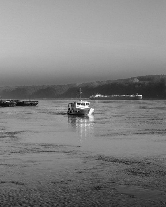 black and white, fishing boat, monochrome, ship, river, barge, boat, vehicle, water, watercraft