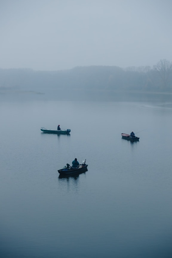 fog, fisherman, morning, fishing boat, lakeside, foggy, autumn season, boat, lake, water