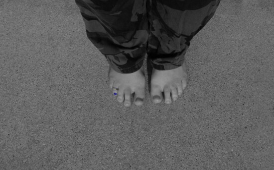monochrome, barefoot, feet, trouser, standing, man, outdoors, concrete, toe, close-up