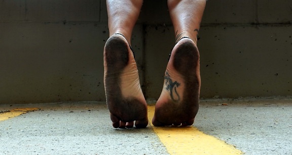 barefoot, legs, feet, dirty, concrete, close-up, asphalt, garage, parking lot, foot