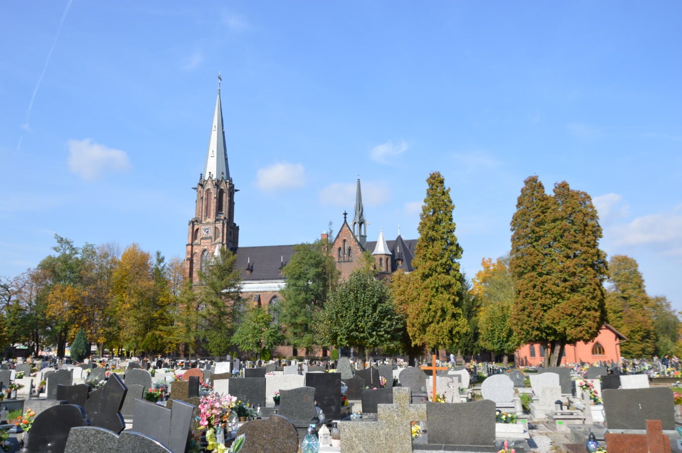 Pologne, cimetière, Christian, cathédrale, steeple, Pierre tombale, gothique, tombe, église, architecture