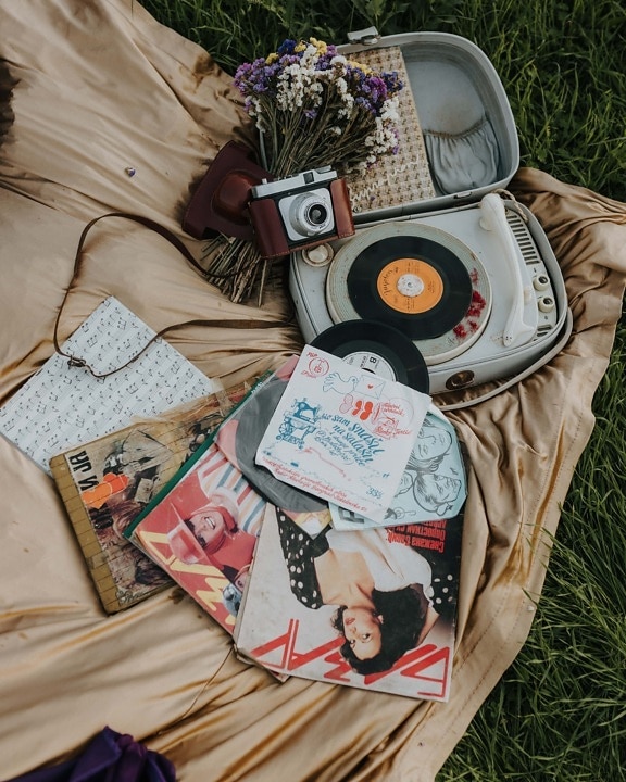 gramofonová deska, starý styl, piknik, melodie, zvuk, analogový, fotoaparát, noviny, deka, časopis