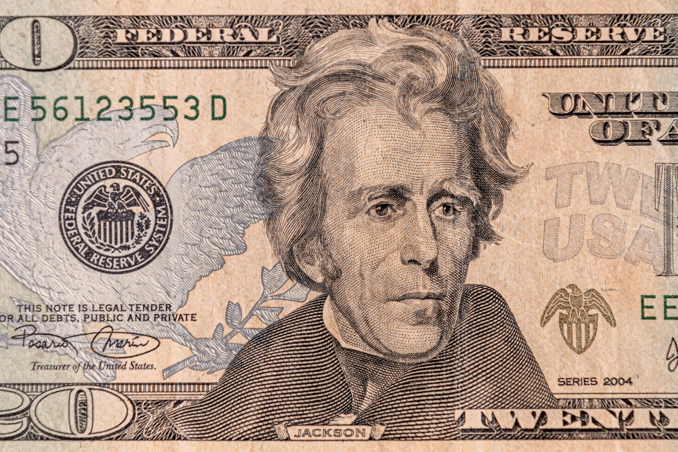 Andrew Jackson, nota de vinte dólares dos Estados Unidos, US$ 20, história, cara, Presidente, finanças, papel, dinheiro, moeda