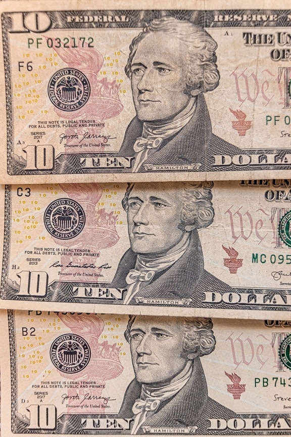 Alexander Hamilton, USA ti-dollarseddel, $10, papirpenge, profit, lån, økonomisk vækst, valuta