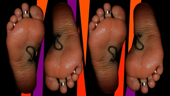 Creative colorful photomontage of barefoot feet with tattoo on skin