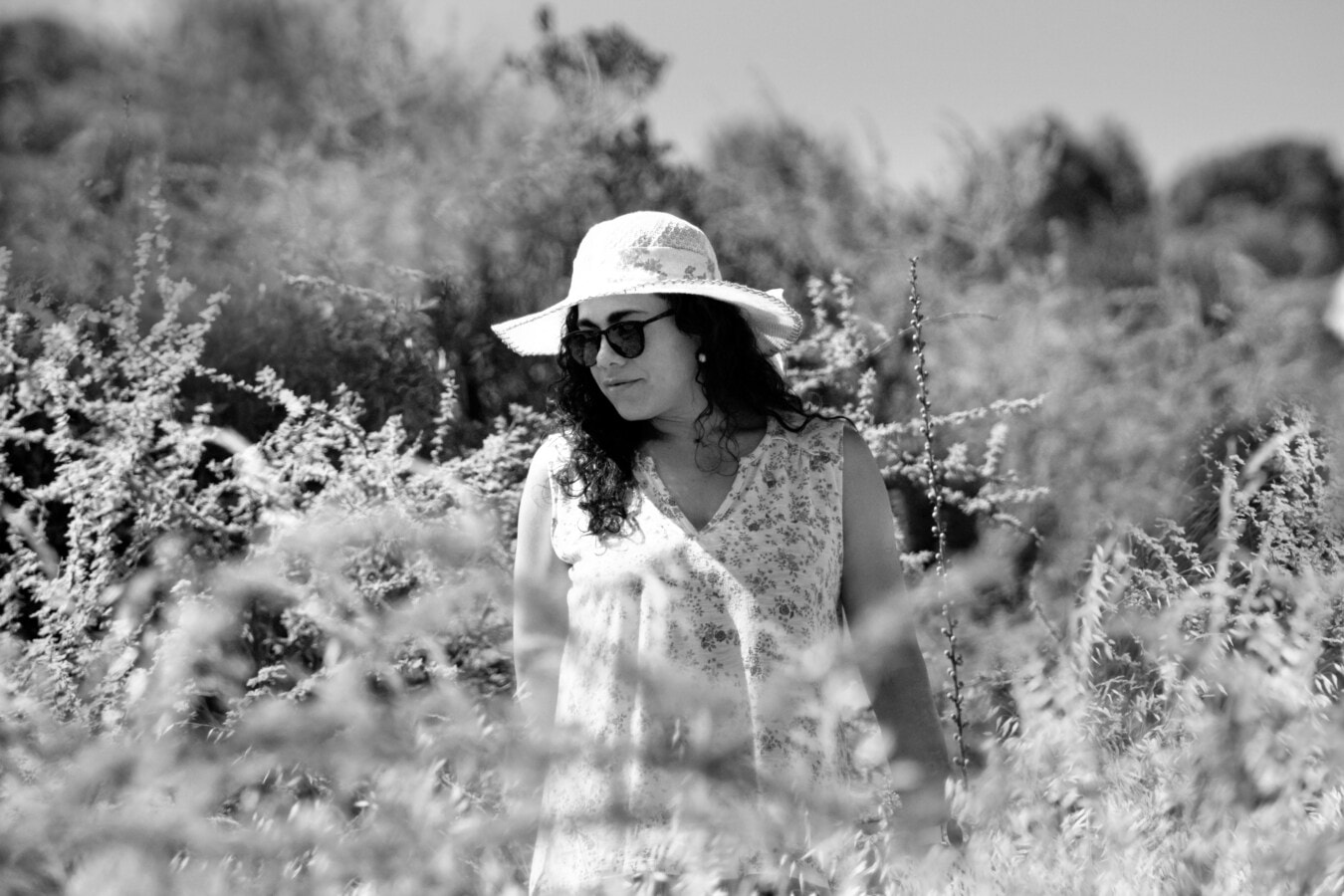 young woman, hat, dress, white, monochrome, black and white, girl, nature, portrait, field