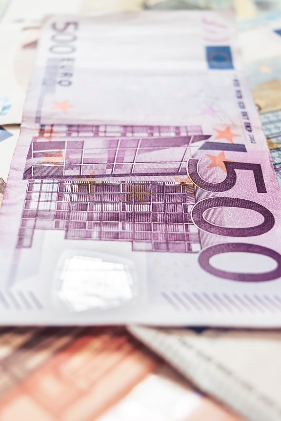 500 euro moneda, billete de banco, de cerca, púrpura, papel, financiar, dinero
