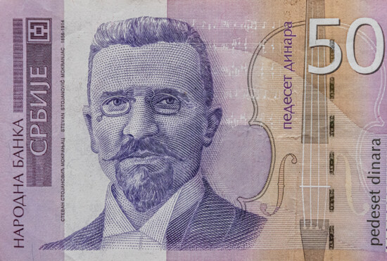 Stevan Stojanovic Mokranjac-portrett, 50 serbiske dinarer lilla, valuta, kontanter, ansikt, økonomi