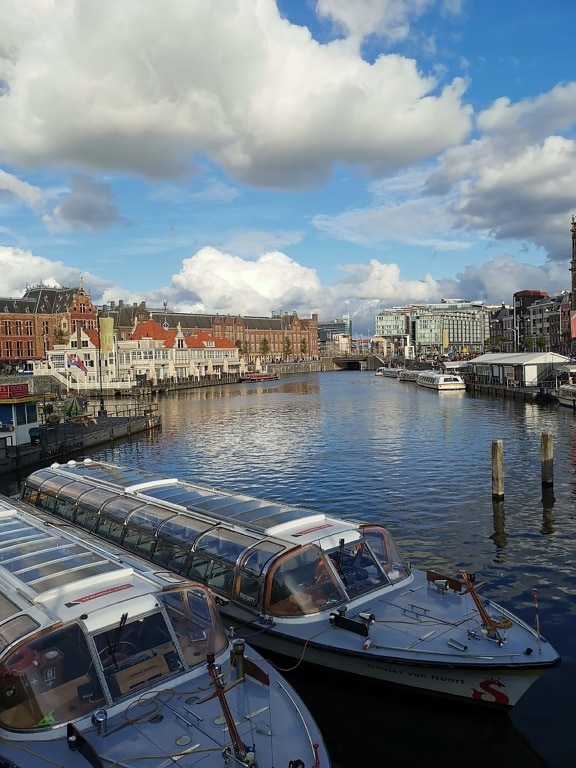 Amsterdam cityscape, canal boat cruise, downtown, tourist attraction, tourism, ship, boats, Europe