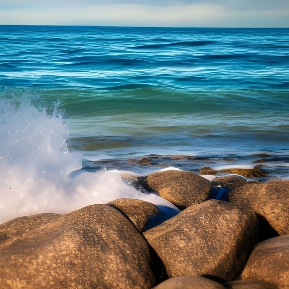 beira-mar, vista do mar, pedras grandes, respingo, ondas, mar, litoral, água
