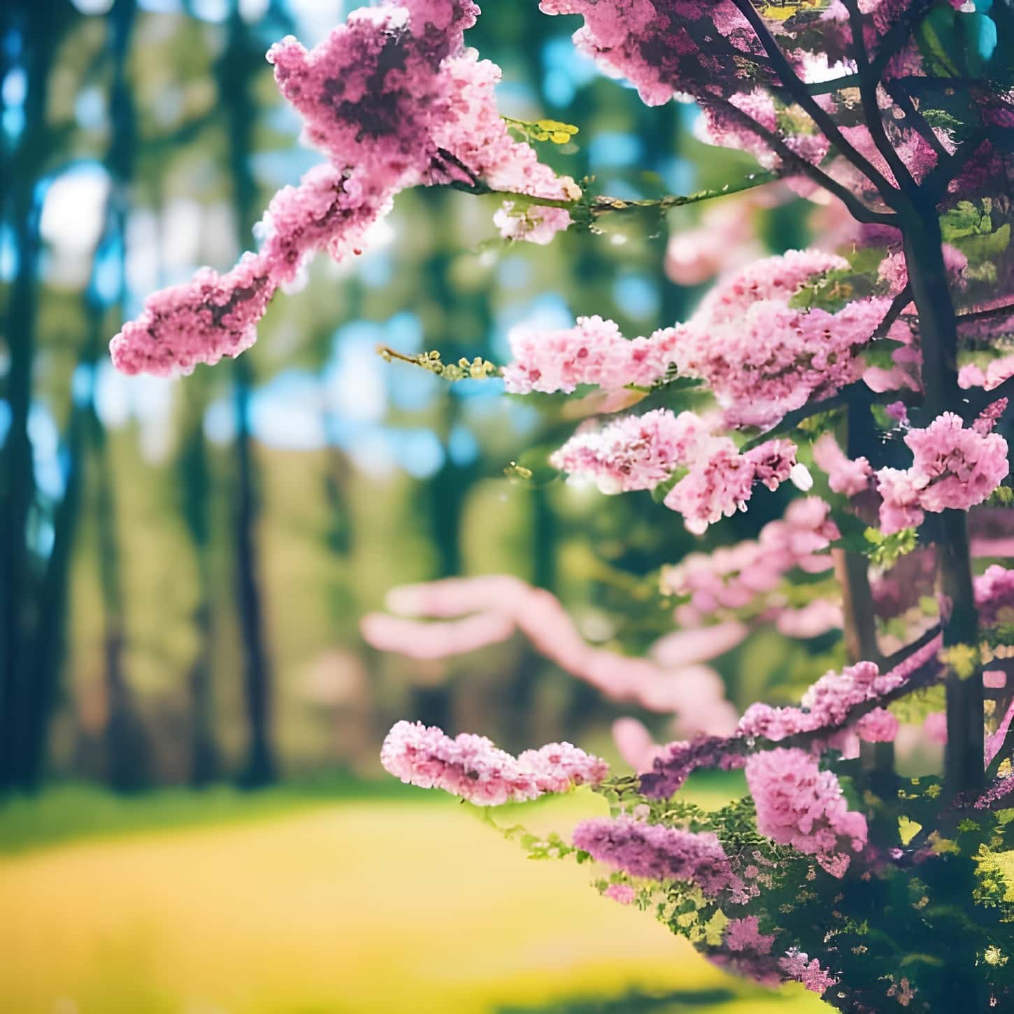 Lyserøde blomster i skoven på en solskinsdag – kunst med kunstig intelligens