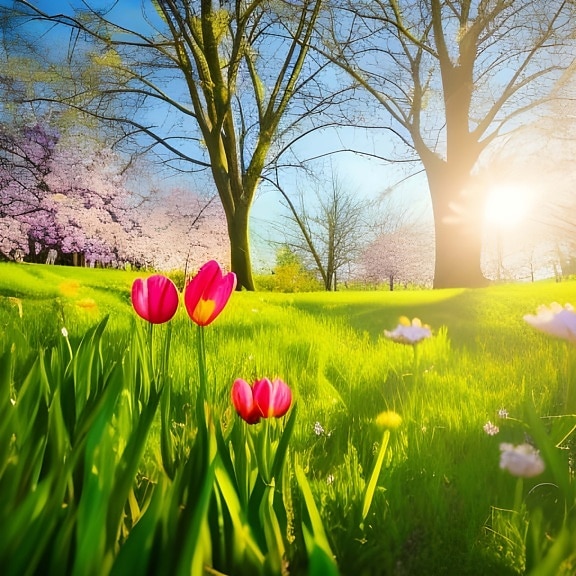 cerah, hari, musim semi waktu, padang rumput, sinar matahari, bidang, bunga tulp, musim semi