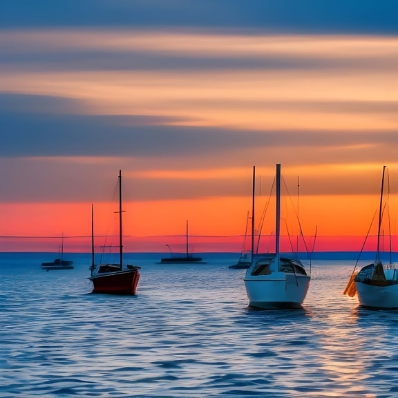havet, solnedgang, orange gul, skib, båd, havet, ocean, port