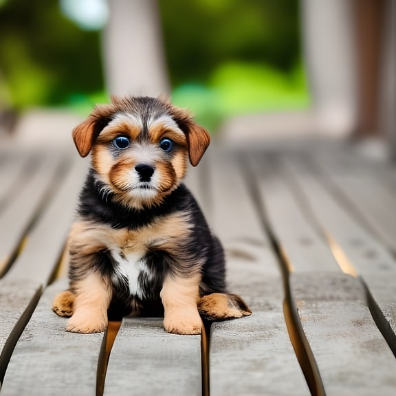Adorable terrier puppy sitting on wooden deck – artificial intelligence art