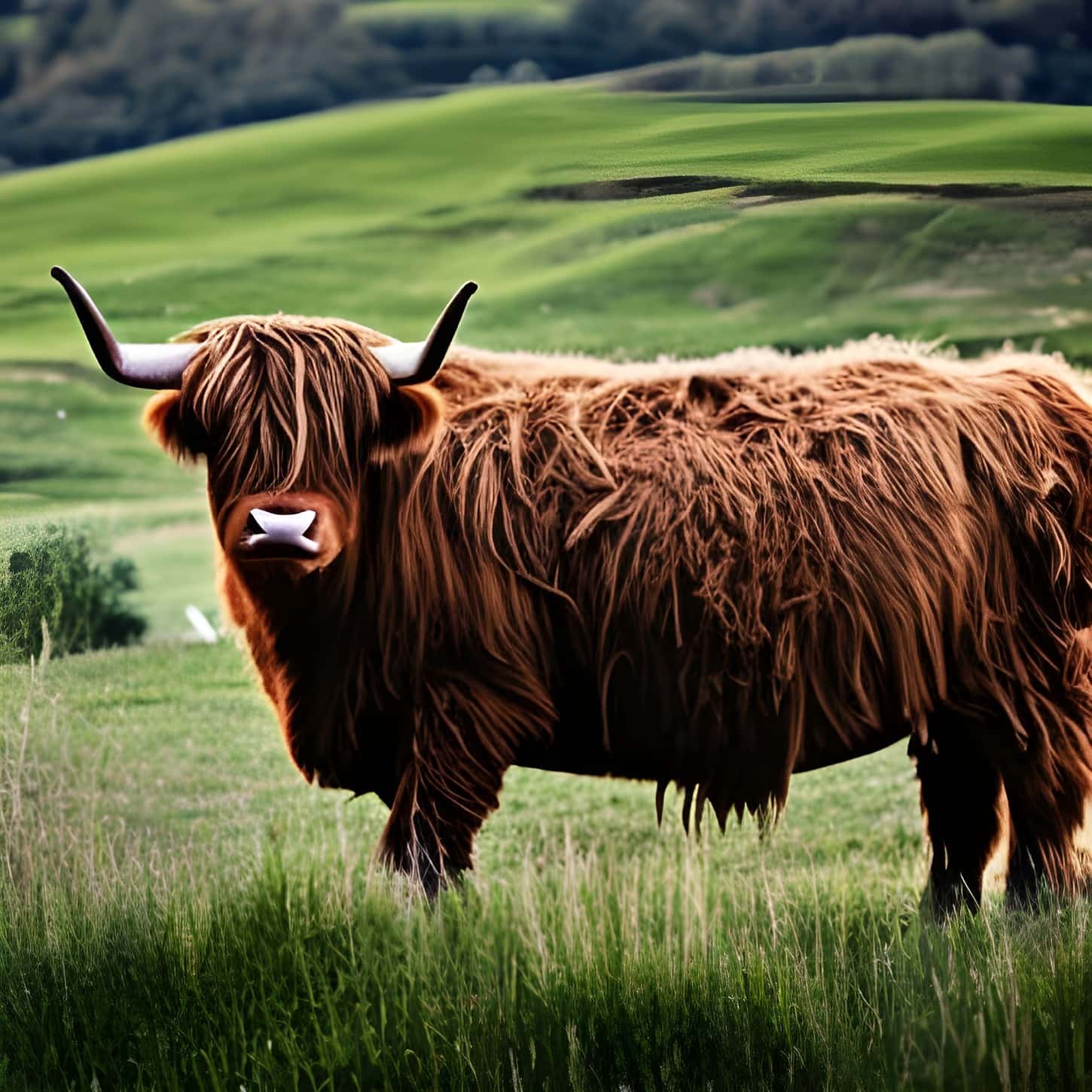 Scottish highland bull (Bos taurus) in hills – AI art