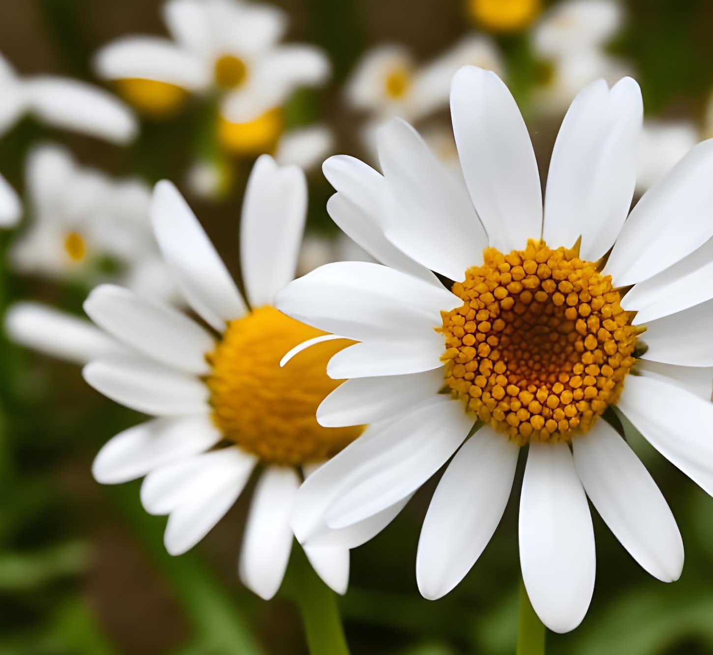 Close up of two white daisy flowers (Bellis perennis) – AI art