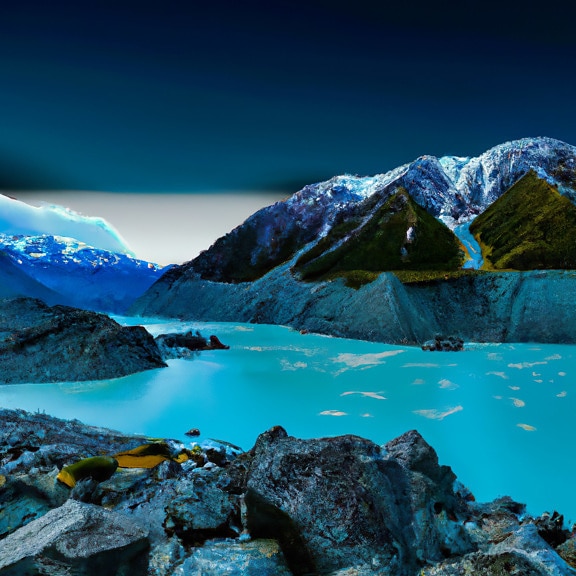 surrealistisk, landskapet, innsjøen, isbre, høyt land, skumring, mørk blå, innsjø
