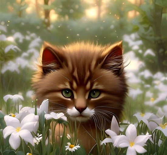 Cute kitten hiding in a garden at sunset, artwork illustration