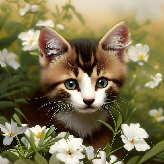 Brown kitten exploring a white flower garden – artwork illustration