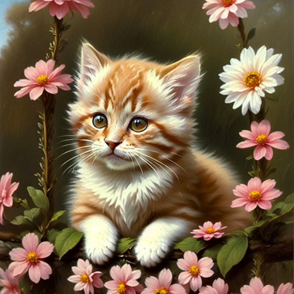 adorabil, pisică, galben maro, roz, opera de arta, arta, flori de gradina, flori