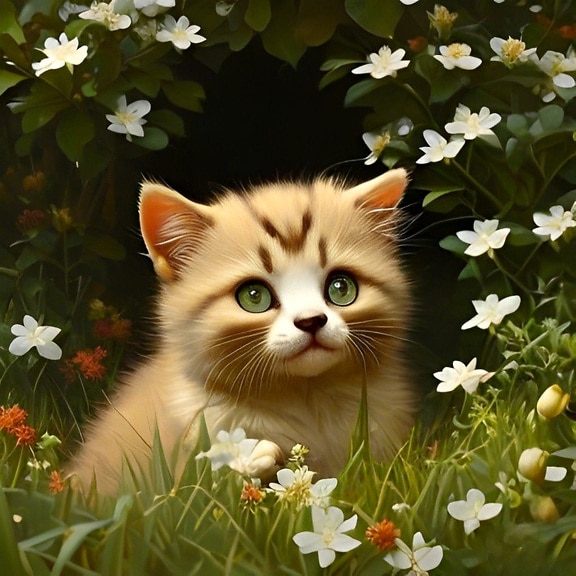 Cute kitten exploring a white flower garden artwork illustration
