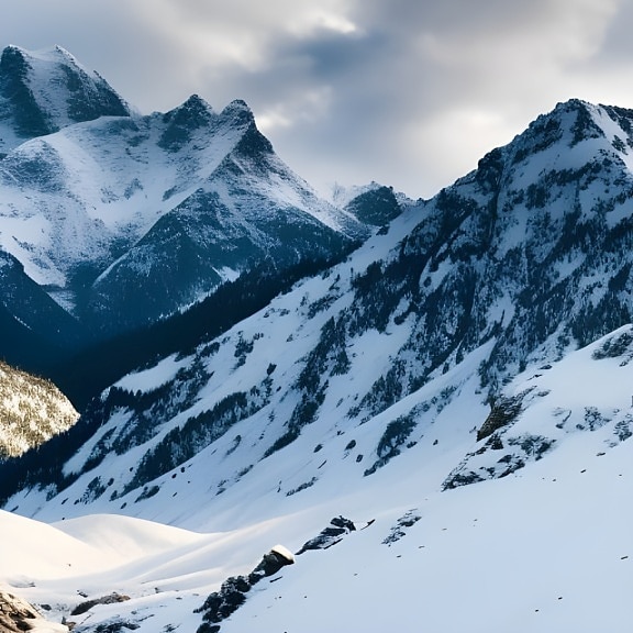 Bergspitze, schneebedeckt, Tal, Berghang, Schnee, Landschaft, Berg, Peak