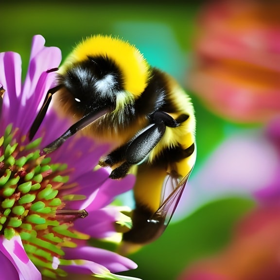 едър план, пчела, лилаво, листенца, цвете, насекоми, работник, безгръбначни