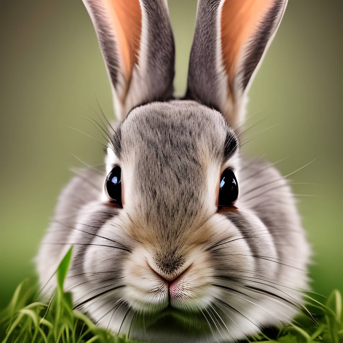 Close-up of head of domestic gray rabbit with big black eyes – AI art